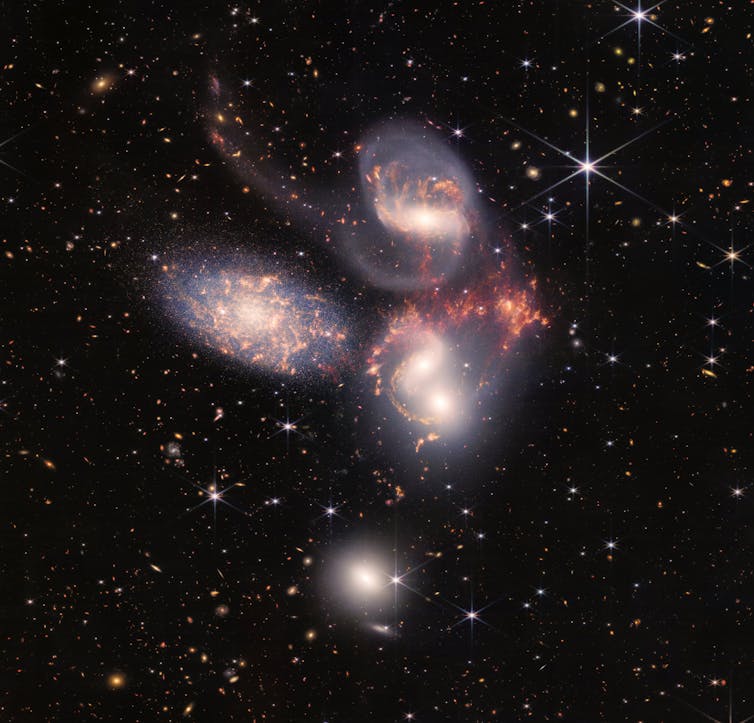 A group of five galaxies that appear close to each other in the sky