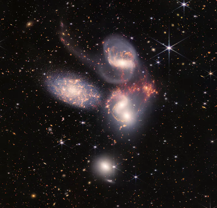 A group of five galaxies that appear close to each other in the sky