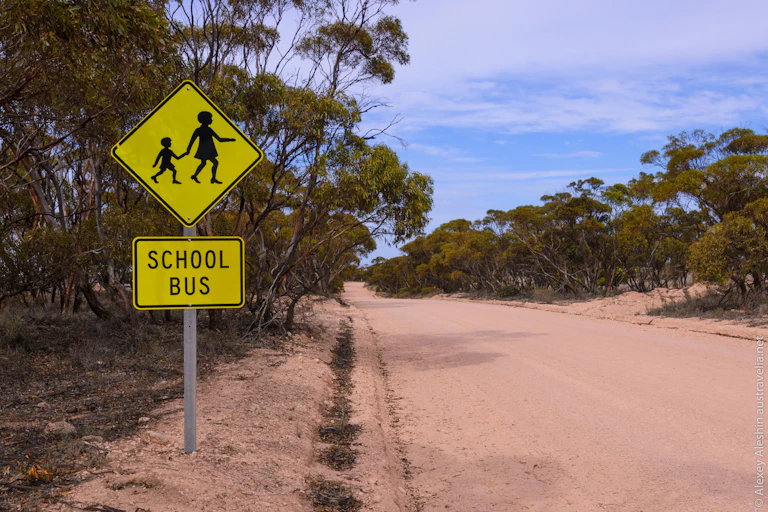 School bus sign on a dirt road in the country