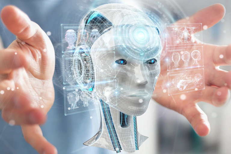 a robot head with blue-lit eyes floats between two outstretched hands.