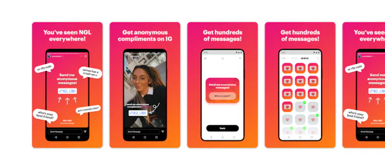 A series of screens advertising various features of the 'NGL' app.