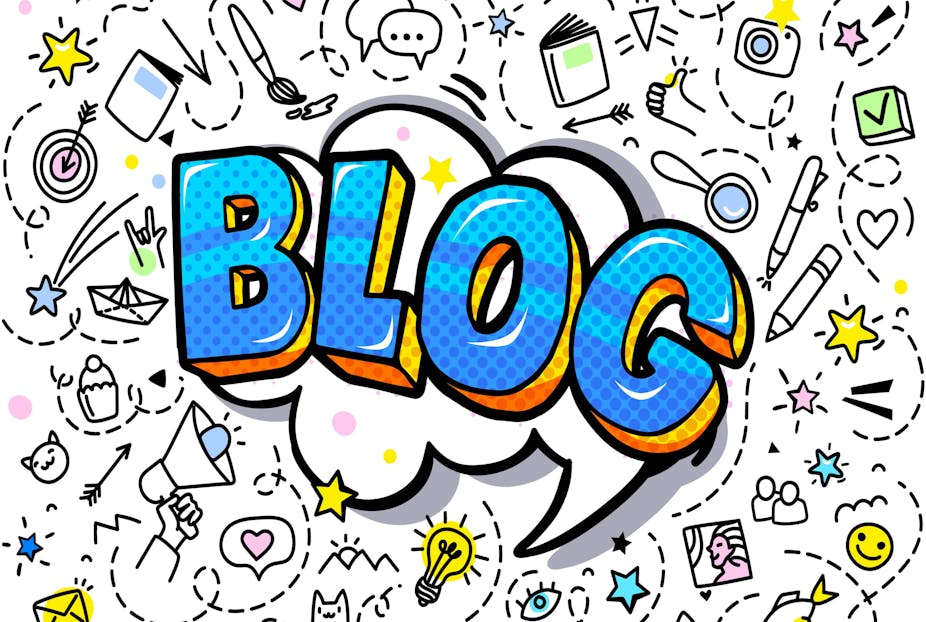 The word blog written in blue on a white background