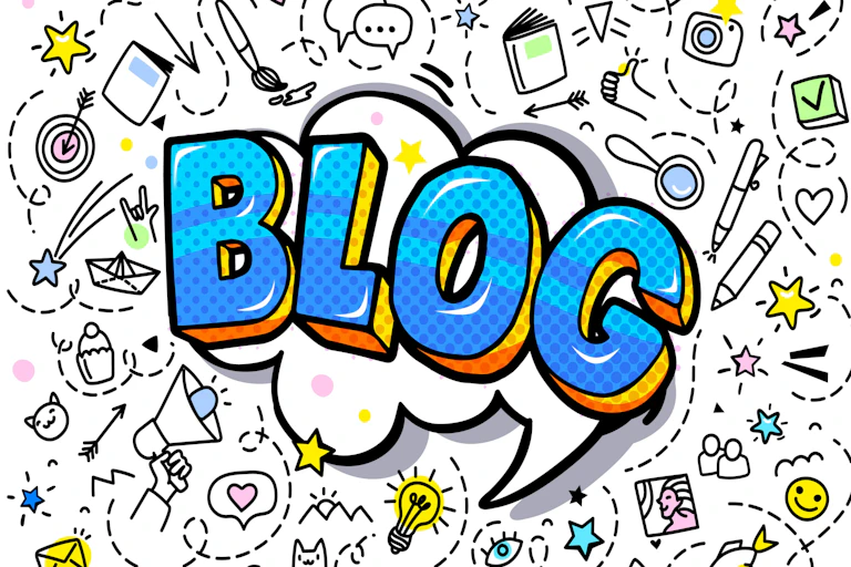 The word blog written in blue on a white background