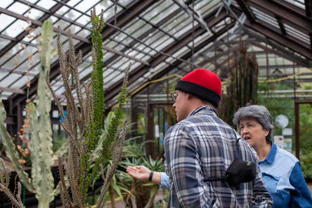 A woman gestures at succulent plants in a greenhouse while a man looks on.