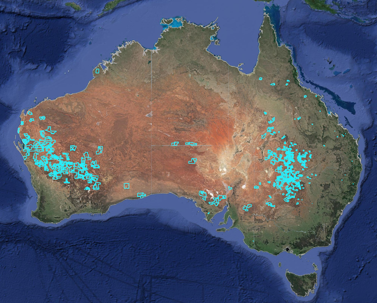 Map of Australia showing locations of human-induced regeneration projects.