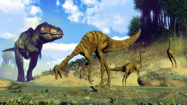 Penggambaran artis dari tyrannosaurus rex yang sedang berjalan menuju mangsanya