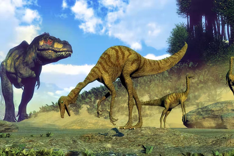 Penggambaran artis dari tyrannosaurus rex yang sedang berjalan menuju mangsanya