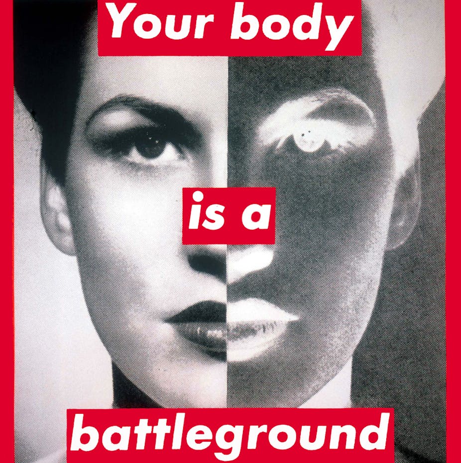 Black and white portrait of woman's face overlaid with text 'Your body is a battleground.'
