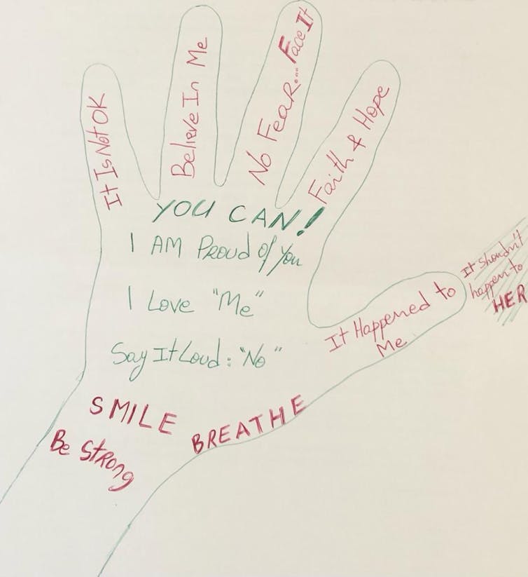 A drawing of a hand with words of encouragement.