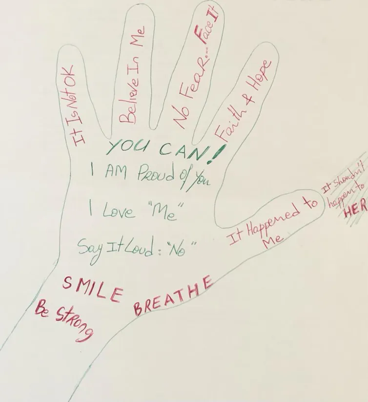 A drawing of a hand with words of encouragement.