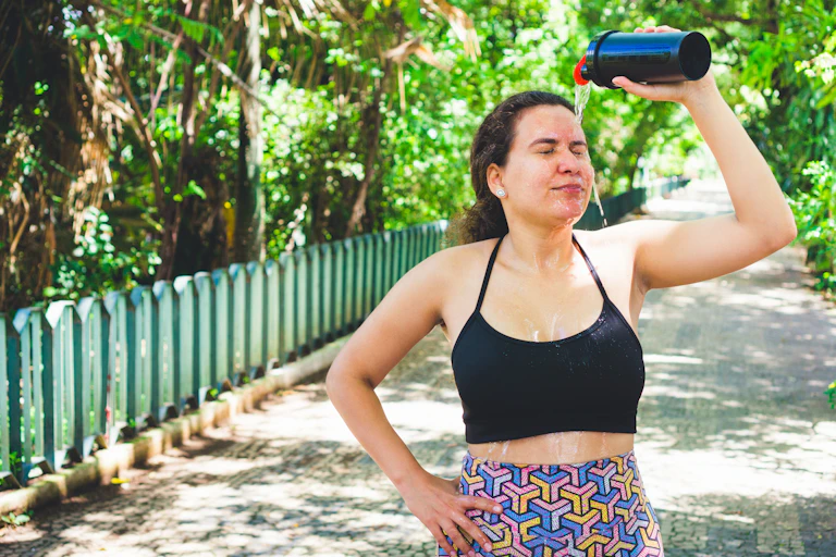 A woman in exercise clothes pours water on her head from a water bottle.