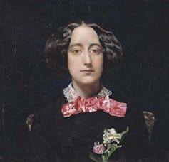 A painted portrait of a 19th-century woman in a black dress with a white collar and a red bow