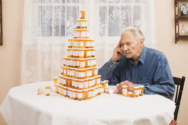 Person sitting at table looking at pyramid of orange pill bottles