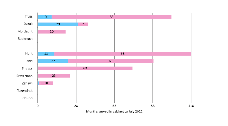 A chart showing that Liz Truss has the most top-level experience of the current candidates for Conservative party leader.