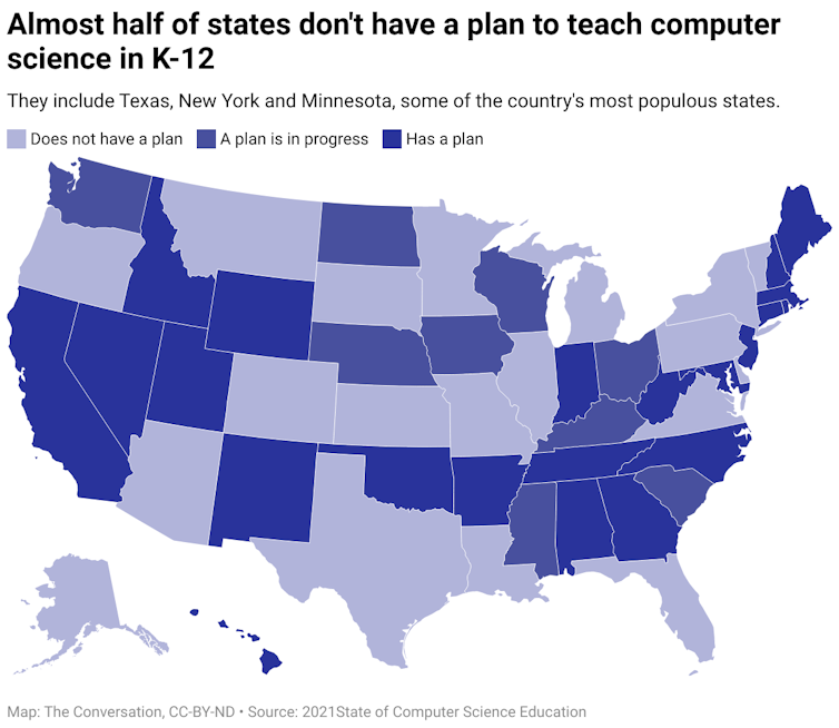 A map of the United States color coded according to whether the state has a plan to teach computer science in K-12, does not have a plan or has a plan in progress.