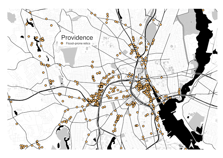 Map with dots, primarily along waterways.