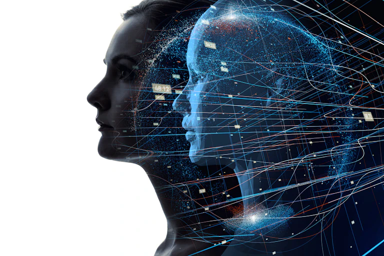 a woman's face is silhouetted against a white background and a digital copy of her face is echoed
