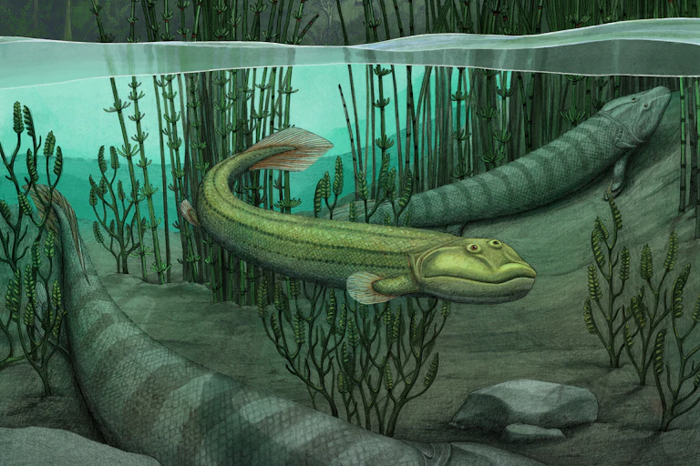 Lighter green *Qikiqtania* swims below water's surface while two *Tiktaalik* push along lakebed with fins