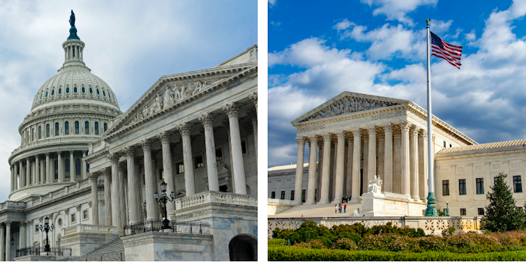 Two photos, one of a large white building with a dome; another a large white building with an American flag flying in front of it.