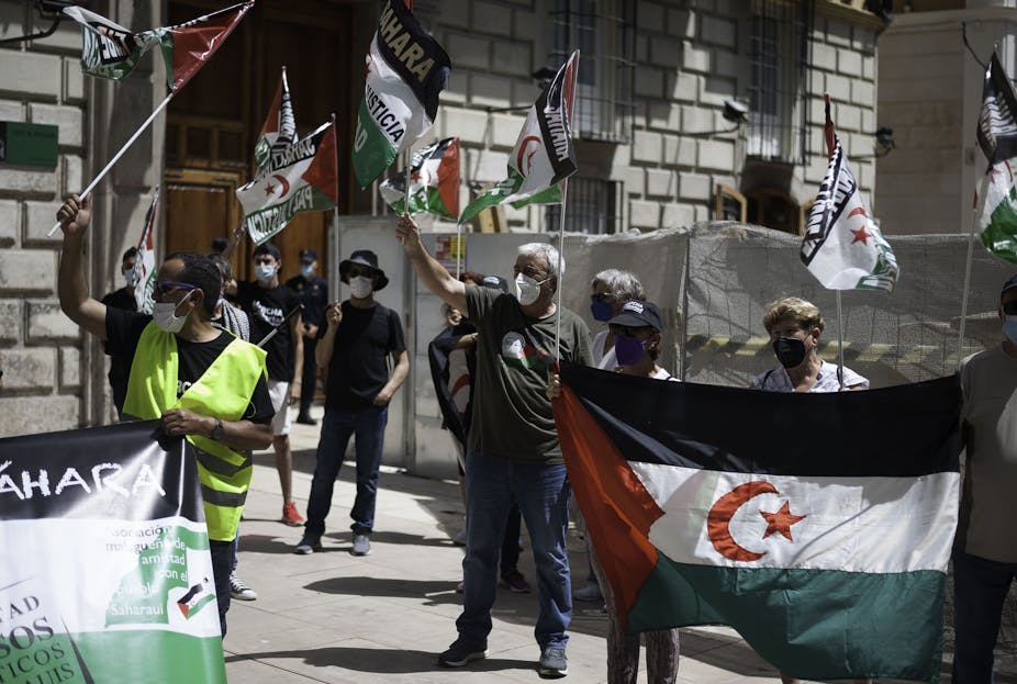 People wearing face masks and holding flags.  