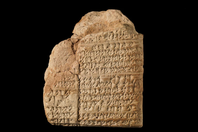 A clay tablet with writing on it against a black background.