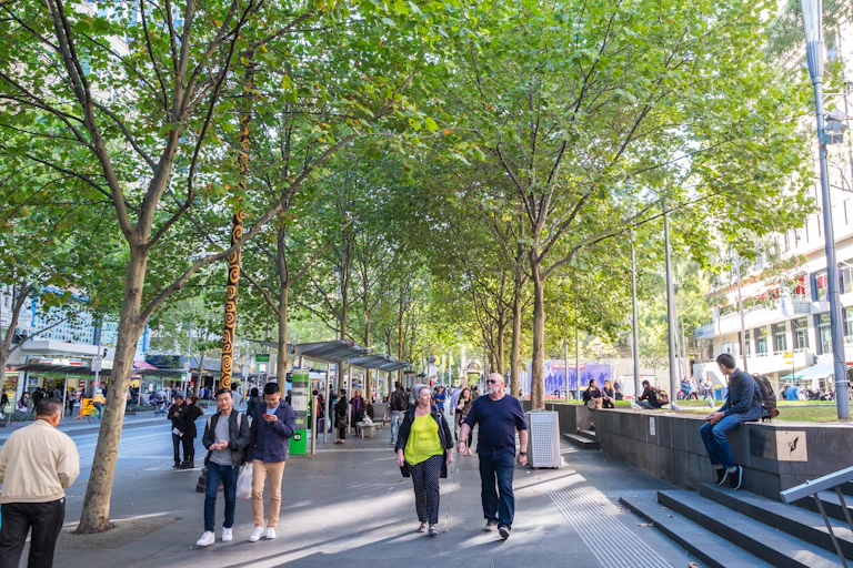 People on a leafy city street