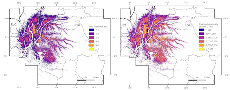 Two maps of the Congo basin colour-coded to display peat depth and carbon density.