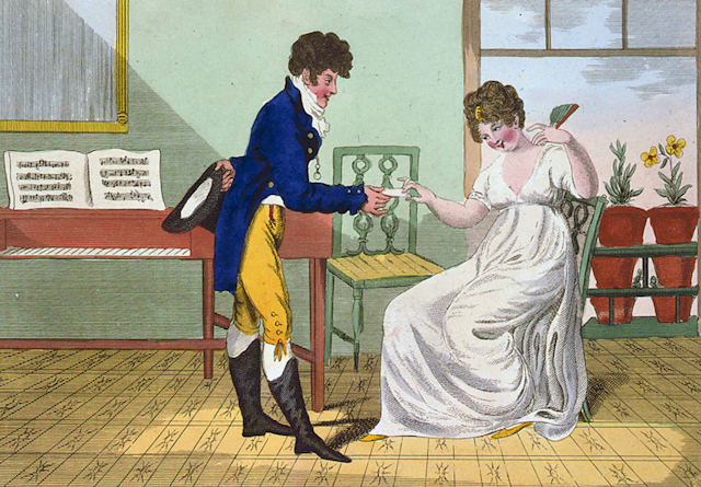 A man receiving a letter from a lady.