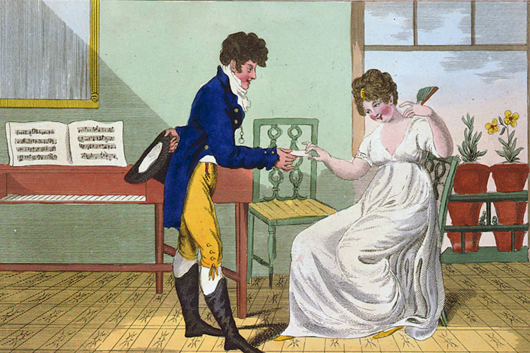 A man receiving a letter from a lady.
