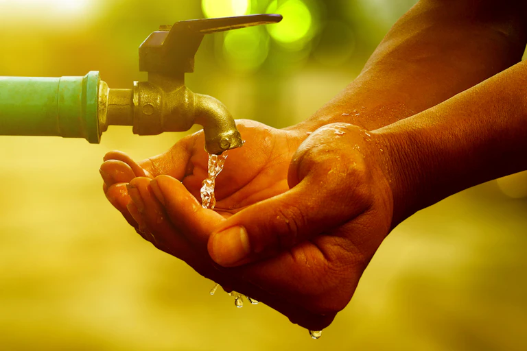 A cupped pair of hands collecting water under an open tap.