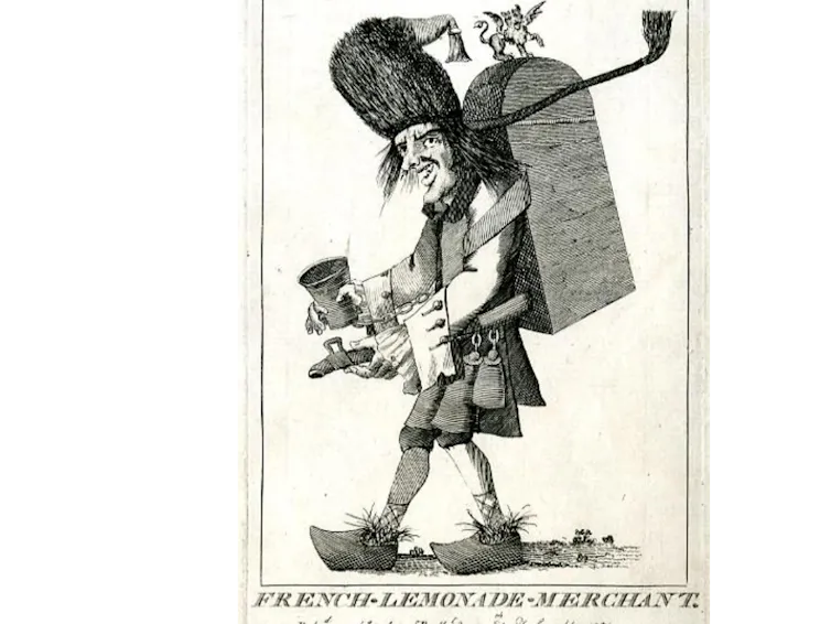 Illustration of a man selling drinks from a receptacle on his back.