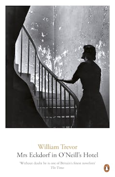 book cover: a woman at the base of a staircase, looking up