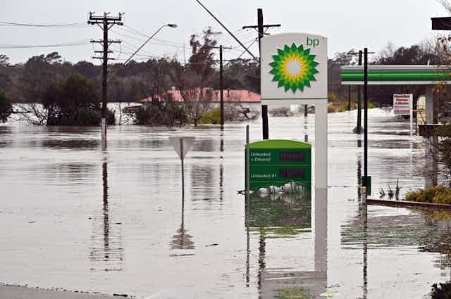 A BP service station under flood waters 