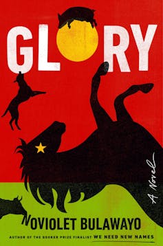 A book cover in bright red and green with black animals illustrated - a horse, cow, dog and a pig on a yellow moon with the words 'GLORY'