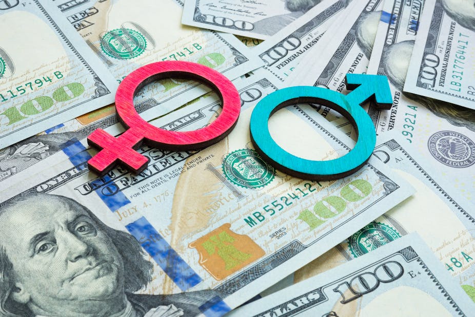 Female and male symbols on a background of U.S. hundred dollar bills