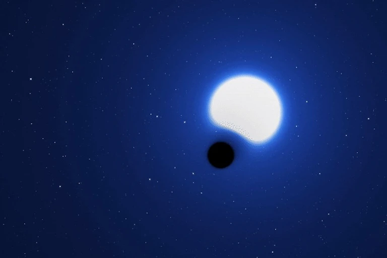 A bright blue star with a black dot in front warping the star.