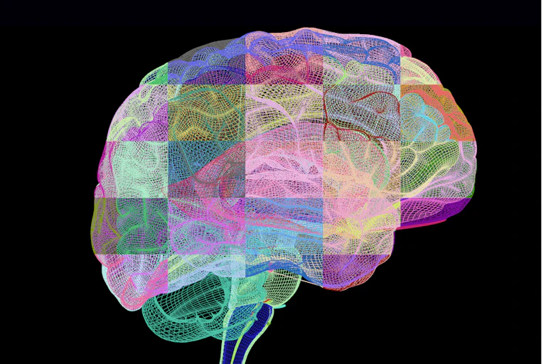 Illustration of brain in multicolored tiles against black background
