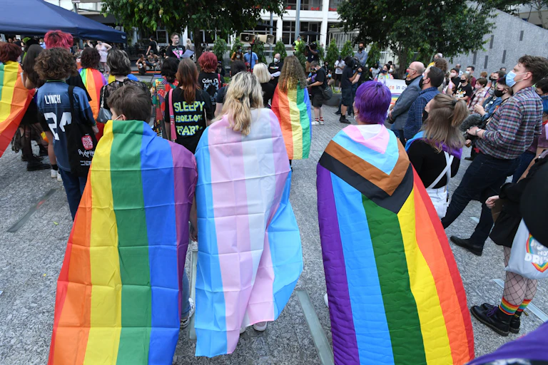 Students draped in rainbow and non-binary flags attend a protest.