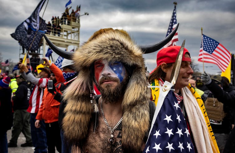 Man wearing hat with horns at riot in Washington D.C