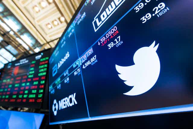 The Twitter logo displayed on a NYSE trading screen