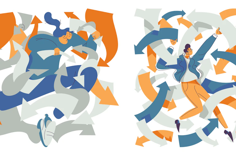 Illustration of somebody with ADHD with lots of arrows around them.
