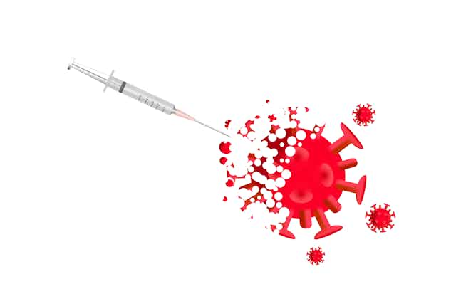 Une seringue vint piquer une représentation dessinée de virus type SARS-CoV-2 et celui-ci se désagrère.