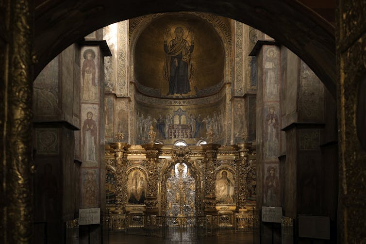 Mosaics adorning the inner walls of Saint Sophia Cathedral in Kyiv.