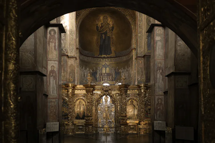 Mosaics adorning the inner walls of Saint Sophia Cathedral in Kyiv.