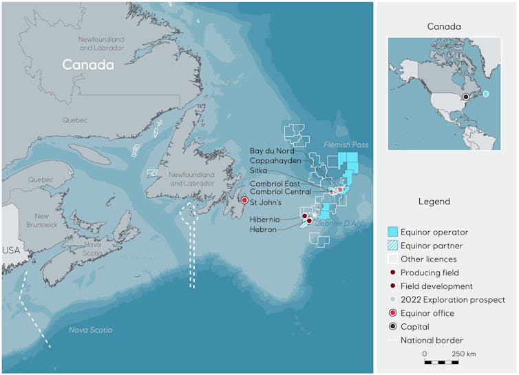 A map showing various oil deposits offshore of Newfoundland and Labrador.