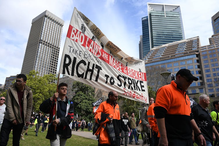 Building workers rally against the Australian Building and Construction Commission in Sydney in September 2018.