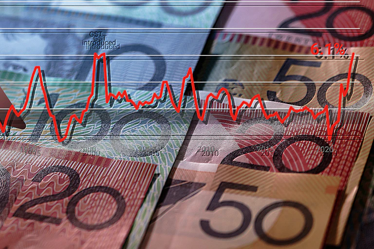 Composite image of banknotes superimposed with graph of inflation
