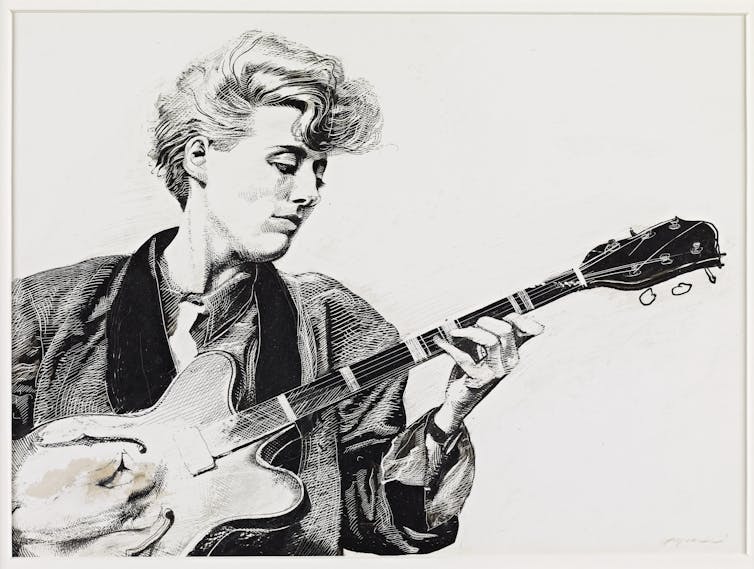 A line drawing of Emma Thompson in her role as Suzi Kettles in John Byrne's play Tutti Frutti.
