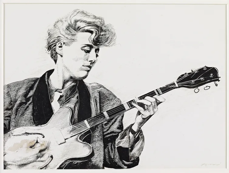 A line drawing of Emma Thompson in her role as Suzi Kettles in John Byrne's play Tutti Frutti.