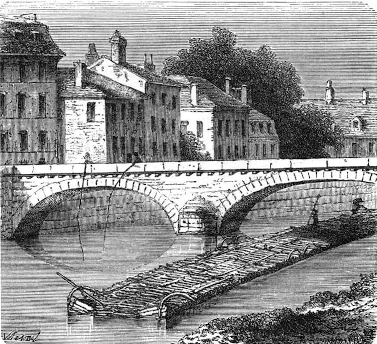 Gravure montrant un train de flottage du bois